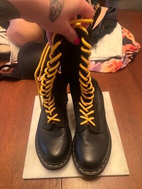 Dr. Martens Black Leather Lace-Up Boots with Yellow Laces